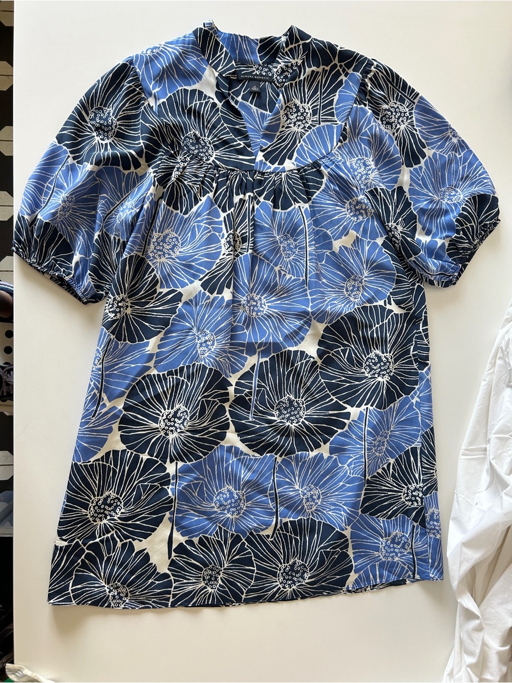 Banana Republic Tunic Dress Blue Floral Puff-Sleeve